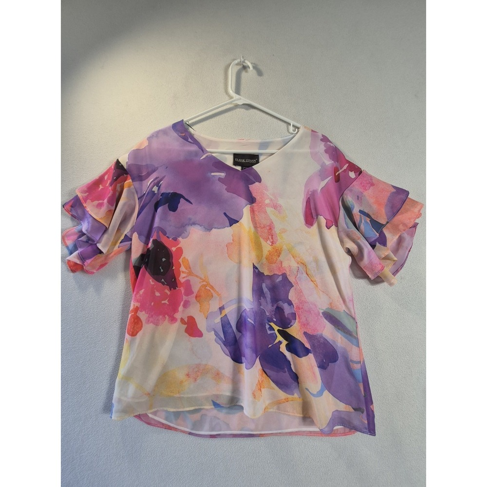 FRANK LYMAN Watercolor Floral Chiffon Blouse Top Size 8 Tiered Ruffle Sleeve